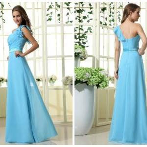 One Shoulder With Sleeve Chiffon Floor Length..