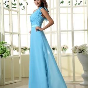One Shoulder With Sleeve Chiffon Floor Length..