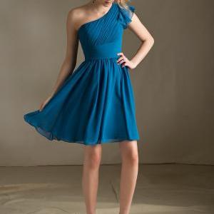 One Shoulder With Sleeve Chiffon Knee Length..