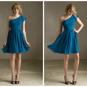 One Shoulder With Sleeve Chiffon Knee Length..