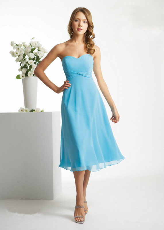 Custom Tailored Bridesmaid Dress - Tea Length Sweetheart Neckline Sash Bow - A Line Chiffon Gown