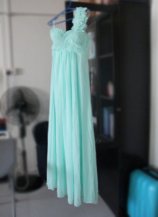 Clearance - Light Mint Green Long Prom Dress - Sweet Heart Neckline - One Shoulder Ruffles - Column Floor Length Chiffon Gown