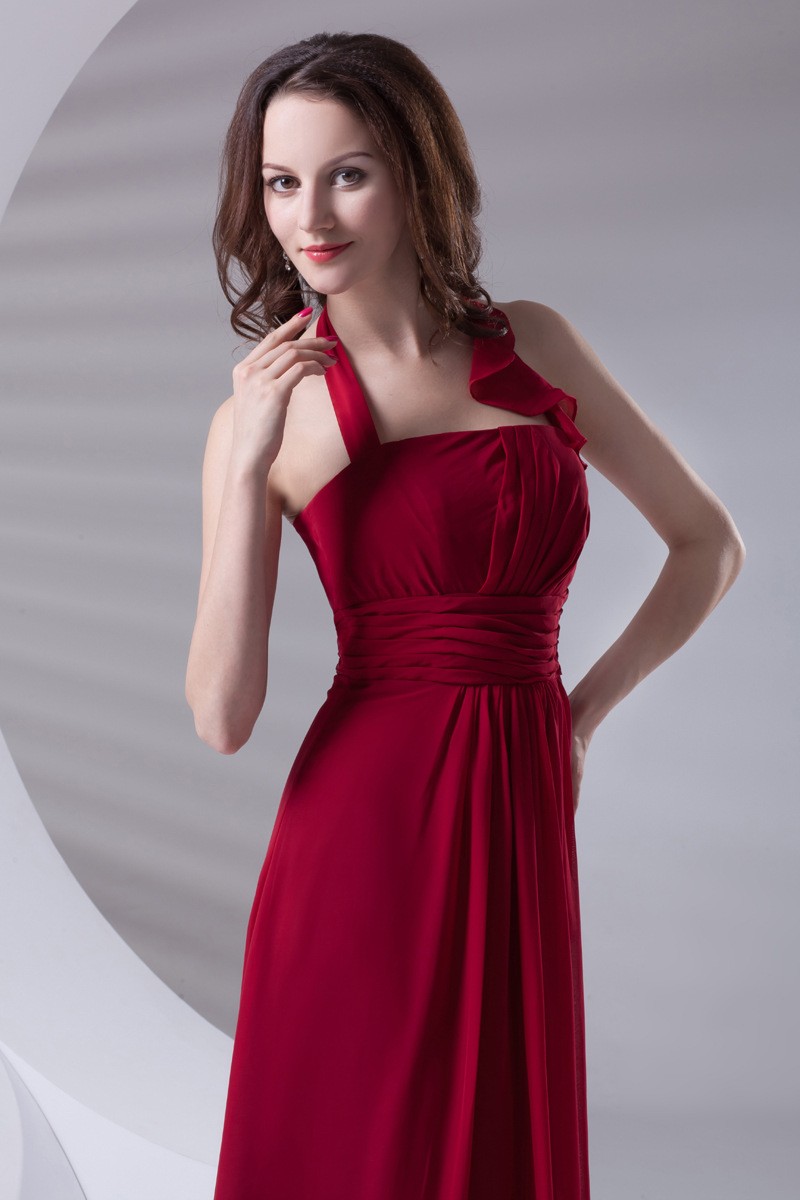 Custom Made Long Bridesmaid Dress - Top Halter A-line Ruffled Pleat Floor Length Bareback Chiffon Gown