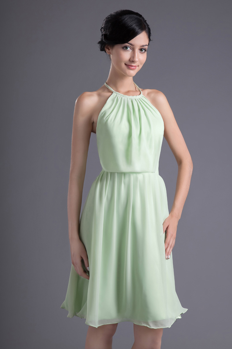 Halter A Line Knee Length Chiffon Bridesmaid Dress Light Green Custom Tailored Choose Your 7890