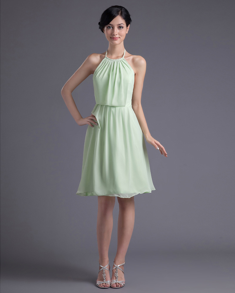 Halter A Line Knee Length Chiffon Bridesmaid Dress Light Green Custom Tailored Choose Your 