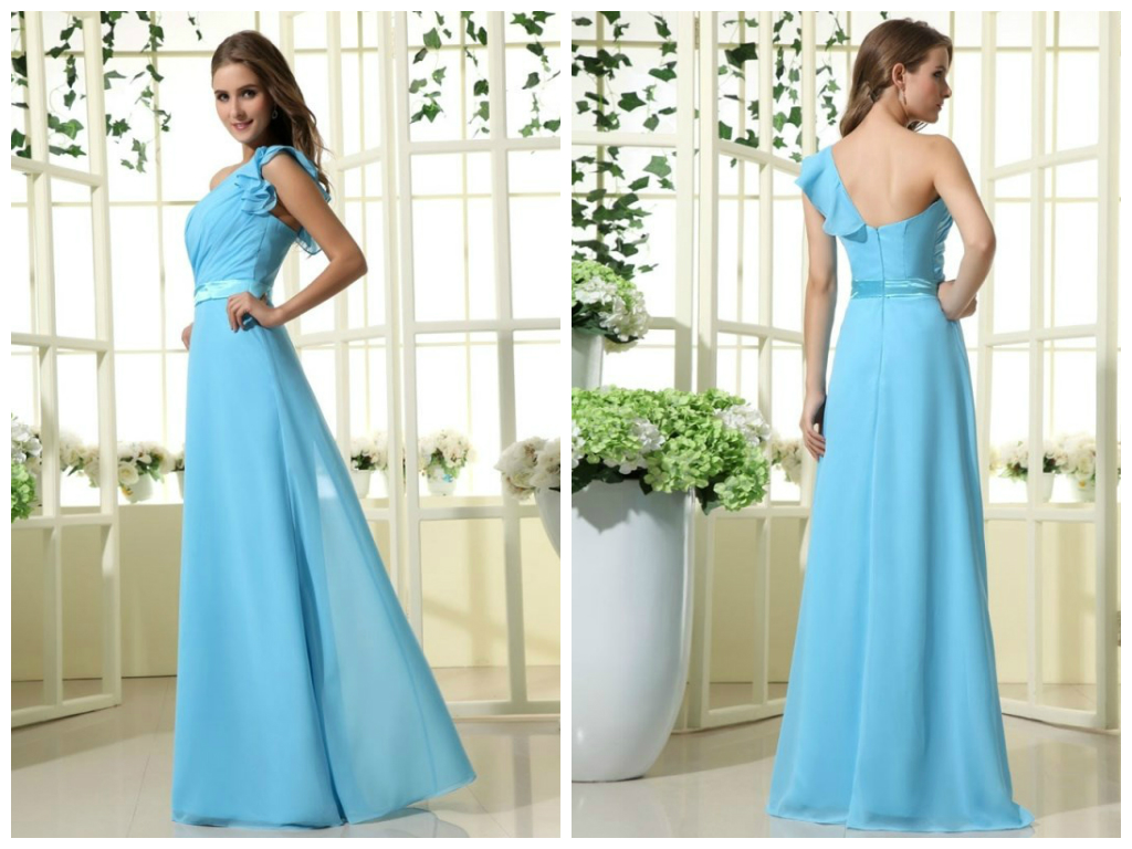 One Shoulder With Sleeve Chiffon Floor Length Bridesmaid Dress - Custom Made - Various Colors Available