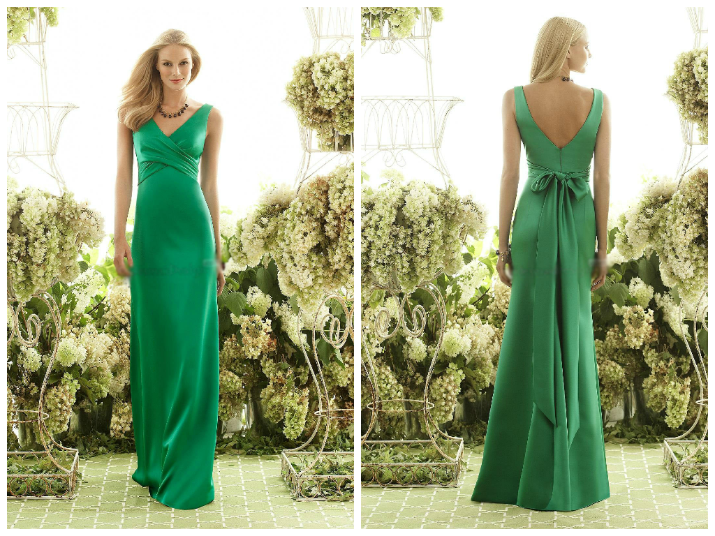 Handmade Green Sheath V-neck Satin Bridesmaid Formal Dress With Bow Back - Custom Tailored