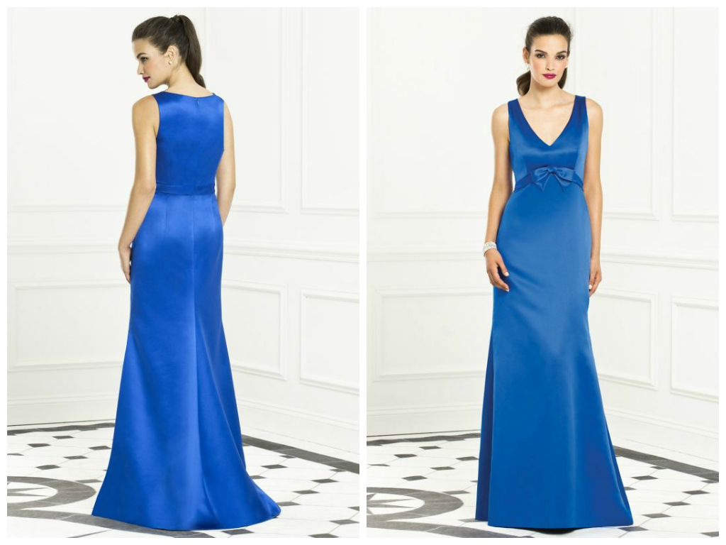Handmade Royal Blue Sheath V-neck Satin Bridesmaid Floor Length Formal Dress With Bow - Custom Tailored