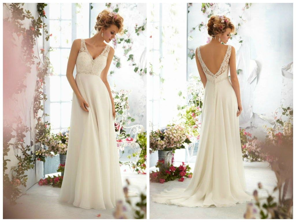 Custom Made Beaded Lace Wedding Dress - V Neckline Full Length Gown - Beach Wedding